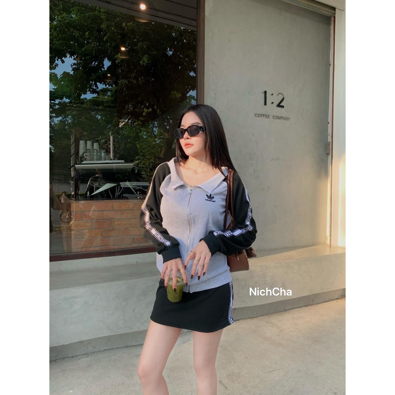Nicha Set 2 ชิ้น เสื้อแขนยาวซิปหน้า Balenciaga ทูโทนดำเทา กระโปรงทรงเอ ผ้าดีทั้งชุด