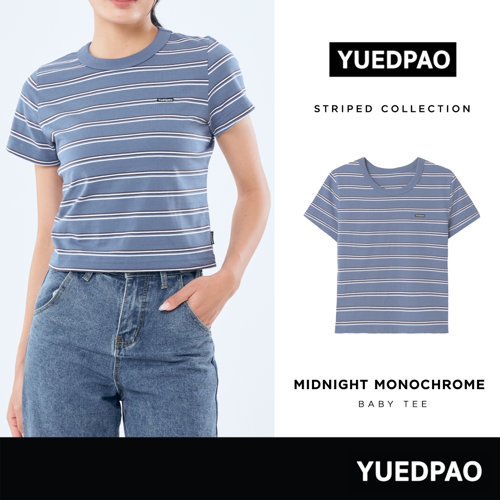 Yuedpao Baby Tee Striped รับประกันไม่ย้วย 2 ปี ผ้าหนาทรงสวย ยับยากรีดง่าย เสื้อยืดผู้หญิง สี Midnight Monochome