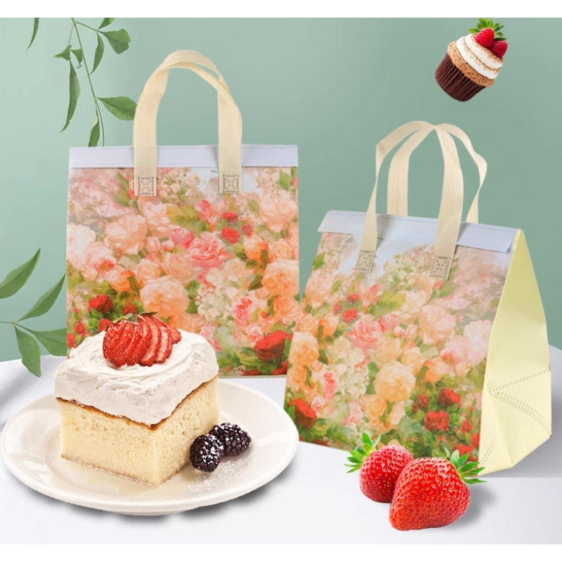 ถุงเก็บอุณหภูมิความเย็น/ร้อน มีหูหิ้วและฝากาว ลายดอกไม้ Floral ถุงหิ้วร้านกาแฟ ถุงเบเกอรี่ ถุงเค้ก พิมพ์ Logo ได้