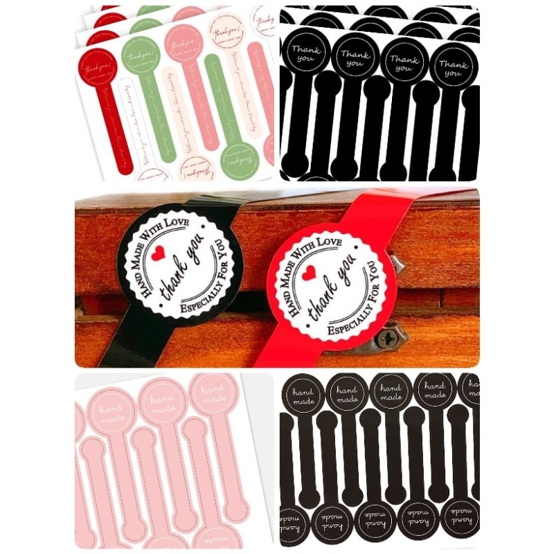 ( โทนเรียบ ) สติกเกอร์แบบยาวคาดกล่องขนม กล่องเบเกอร์รี่ Hand made / Thank you ความยาวมี 2 ขนาด