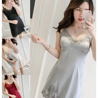 HOT EX ชุดนอนเดรส ชุดนอนซาตินลุกไม้ สายเดี่ยว ขอบแต่งรูปไม้ เนื้อผ้าลื่นๆ S-164 ราคาส่ง