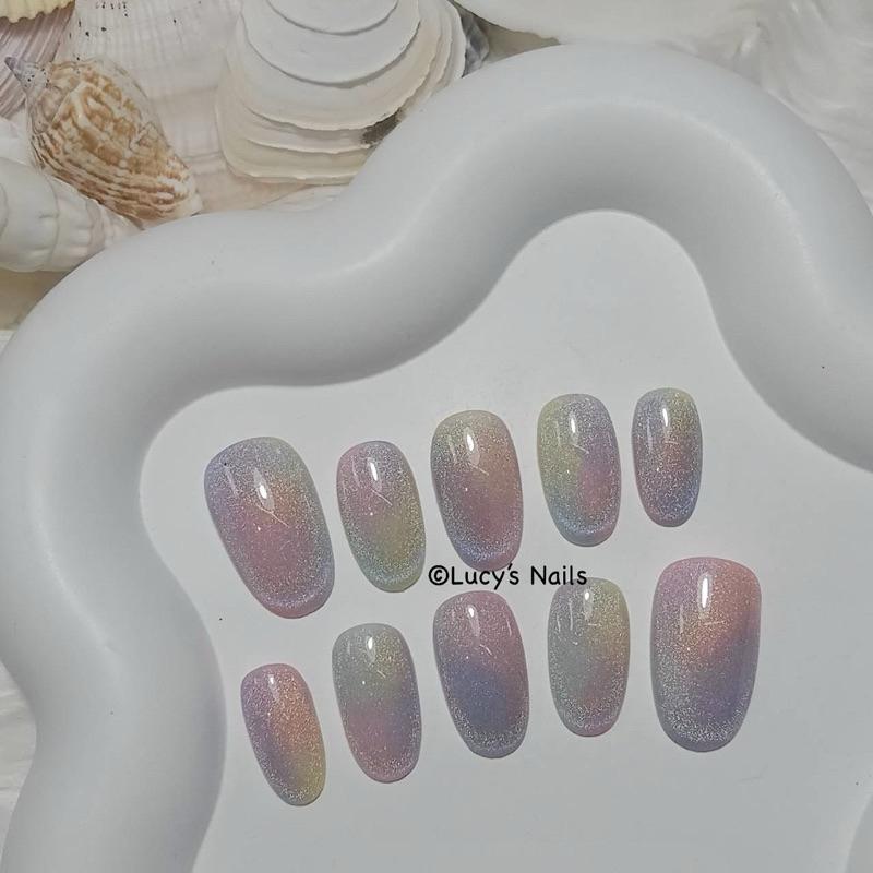 🌈SH190🔥เล็บเจลปลอมพร้อมติด สีเรนโบว์พาสเทลเคลือบโฮโลแกรม เลือกทรง/ไซส์ได้