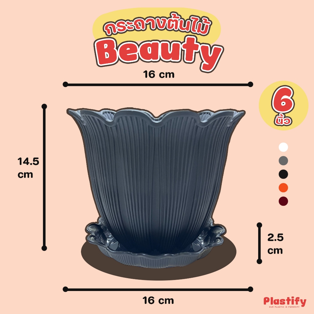 Plastify 🌿 กระถางต้นไม้ Beauty 🌿 พร้อมจานรอง ขนาด 6" 8" 10" 12" 15" มีให้เลือก 5 สี