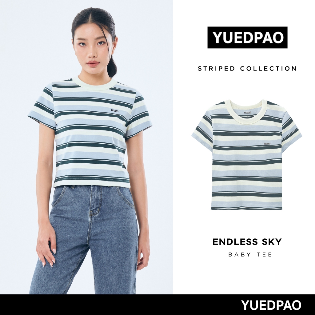 Yuedpao Baby Tee Striped รับประกันไม่ย้วย 2 ปี ผ้าหนาทรงสวย ยับยากรีดง่าย เสื้อยืดผู้หญิง สี Endless Sky