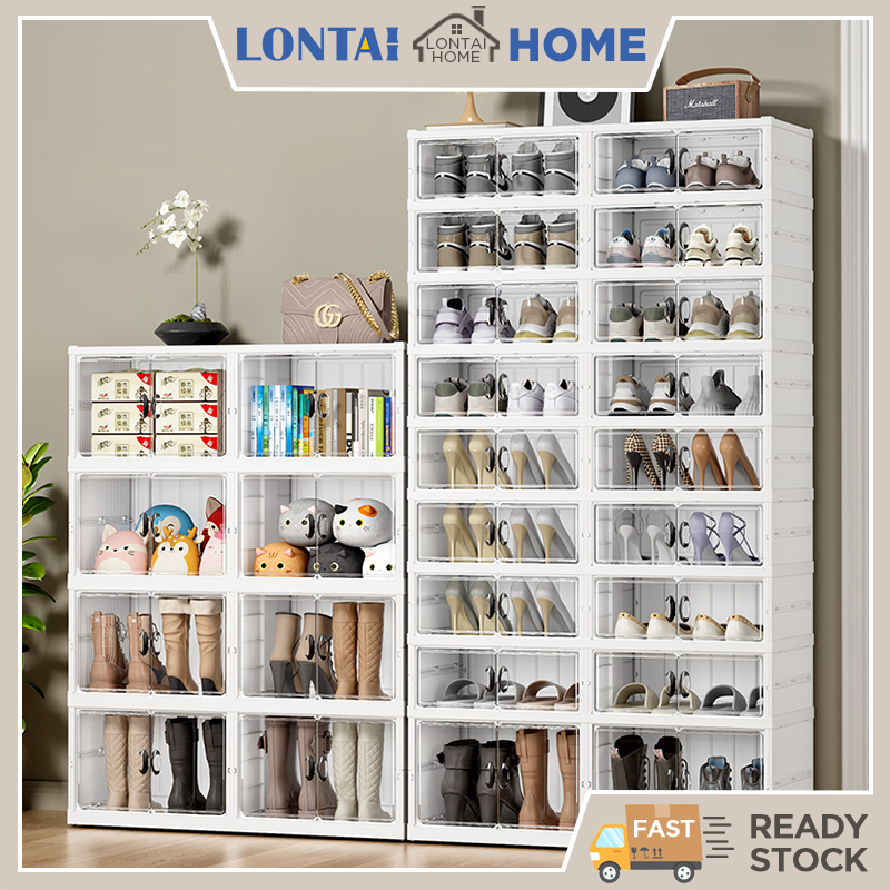 LONTAI ชั้นวางรองเท้าแบบพับได้ ที่เก็บรองเท้า กันฝุ่น ประหยัดพื้นที่ ความจุขนาดใหญ่ ชั้นวางรองเท้า ตู้พลาสติก รักกสุต