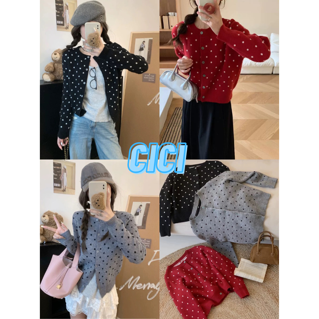 Cici(NO.ZJ802) เสื้อคาดิแกนไหมพรมแขนยาวกระดุมหน้าแต่งลายจุด สไตล์ฝรั่งเศส