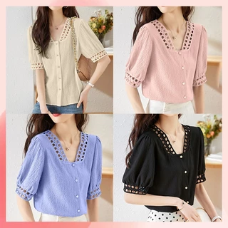 LHSunday พร้อมส่ง เสื้อชีฟองผู้หญิง เสื้อแฟชั่นผญ แขนพัฟฉลุลายสวยมาก แต่งกระดุมด้านหน้า ผ้าเนื้อดี ใส่ออกงานมาก ปังนะแม่