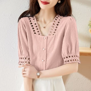 LHSunday พร้อมส่ง เสื้อชีฟองผู้หญิง เสื้อแฟชั่นผญ แขนพัฟฉลุลายสวยมาก แต่งกระดุมด้านหน้า ผ้าเนื้อดี ใส่ออกงานมาก ปังนะแม่