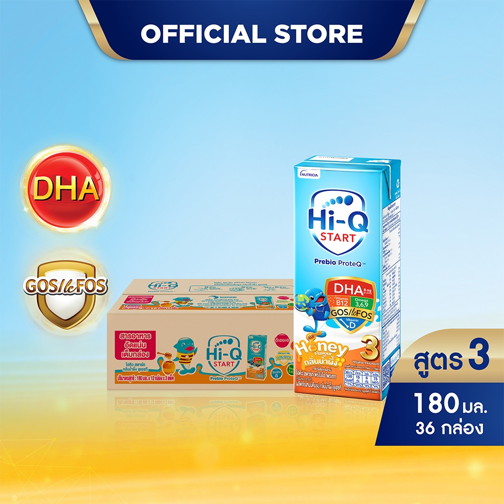 นมกล่อง ยกลัง นมยูเอชที นมไฮคิวสูตร3 สตาร์ทพรีไบโอโพรเทก น้ำผึ้ง 180 มล (36 กล่อง) นม UHT HiQ Start PrebioProteq UHT