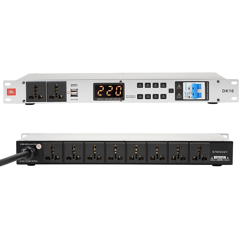 ปลั๊กไฟเครื่องเสียง,ปลั๊กไฟติดแร็ค J.B.L/DK8 power sequencer 10ช่อง 220V+พอร์ต USB คู่ เอาต์พุต 5V 2A