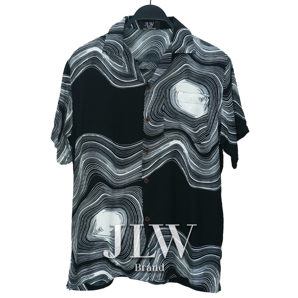 เสื้อฮาวาย ลายกาแล็คซี่ ดำ ผ้านิ่ม M L XL Oversize คอฮาวาย JLW BRAND