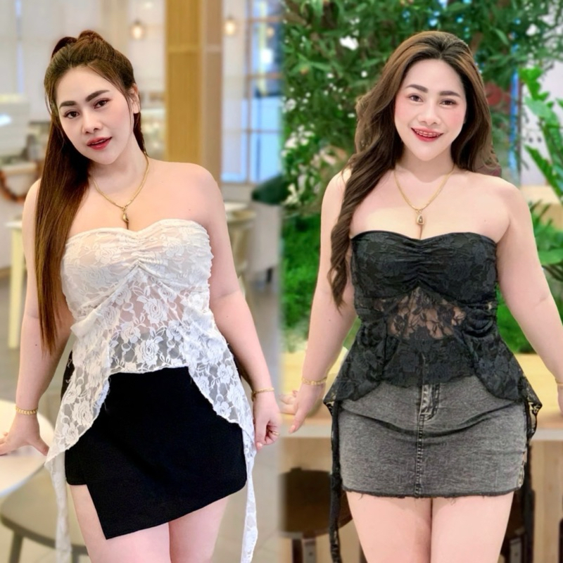 เสื้อเกาะอกลูกไม้สม็อคหลัง ผ้าลูกไม้นิ่มยืด มีซับในตรงอก อก38-46“