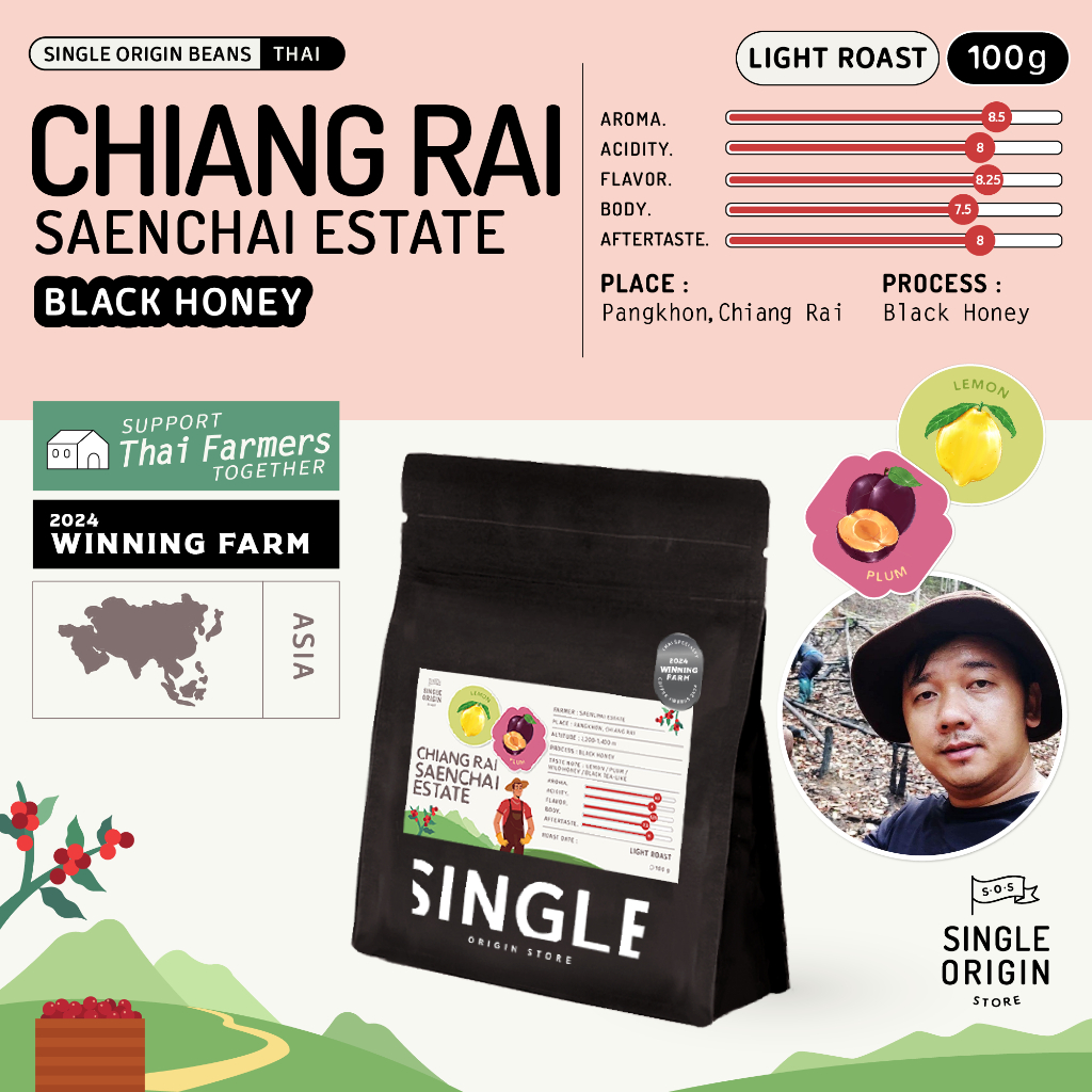 เมล็ดกาแฟคั่วอ่อน Saenchai Estate - Black Honey Process (Specialty Coffee)
