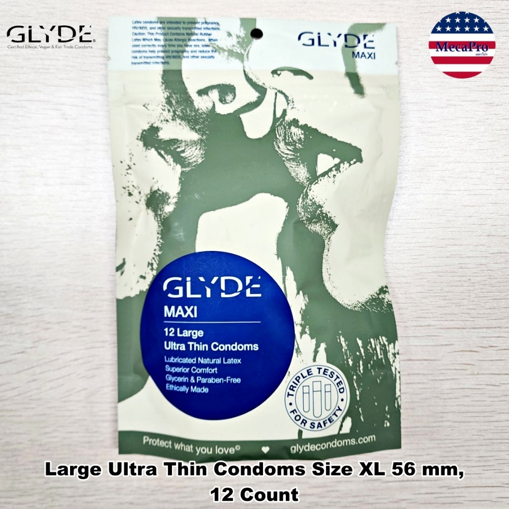 GLYDE Maxi® Large Ultra Thin Condoms Size XL 56 mm, 12 Count ถุงยางอนามัย แบบบางเฉียบ ขนาด 56 mm