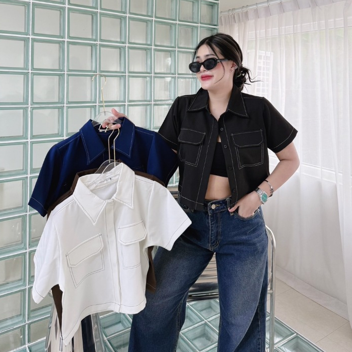 Kelly crop shirt เสื้อเชิ้ตทรงครอป แต่งกุ้น (ผ้าเปเป้) งานSize M-L สาวอวบใส่ได้ AOMMKOSHOP - S69