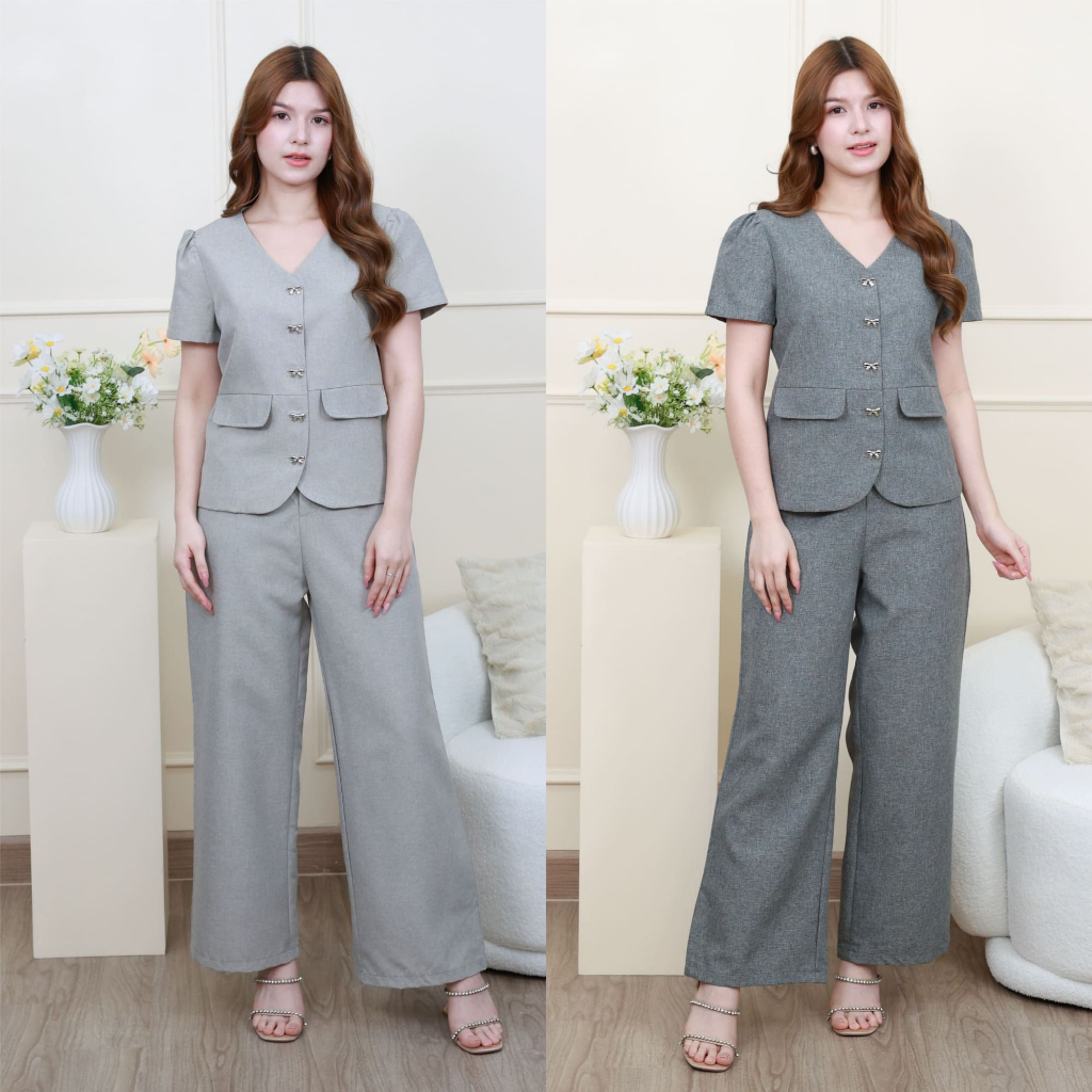 GluCoat ชุดเซต 2 ชิ้นสีเทาเข้มและสีเทาอ่อน กระดุมโบว์ แต่งกระเป๋า K546/K550