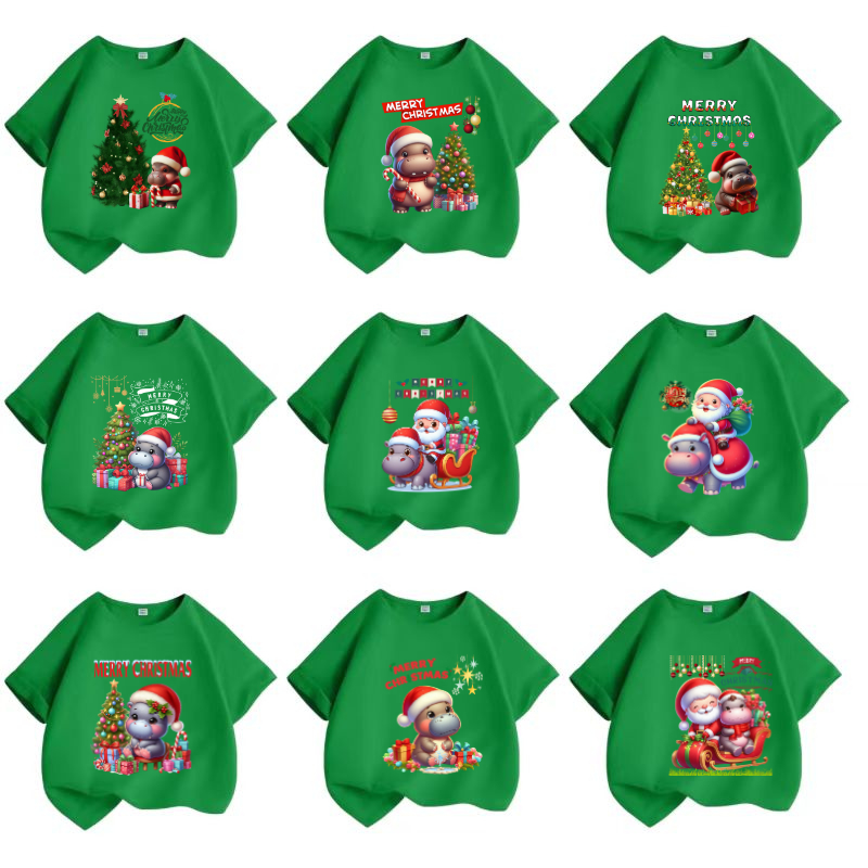 เสื้อยืดเด็กพิมพ์ลายน้องหมูเด้ง ฮิปโปแคระ วันคริสต์มาส Christmas Day เนื้อผ้าฝ้าย " สีเขียว " A2