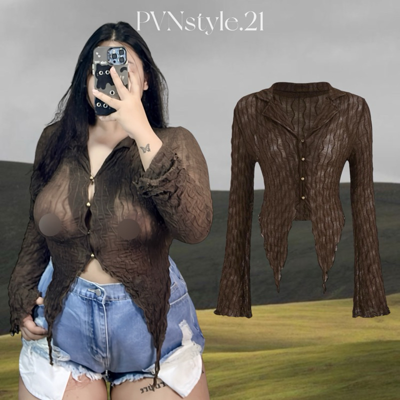 (ไซส์ใหญ่) เสื้อแขนยาวคอปกผ้าชีทรูตาข่าย  อก36-50