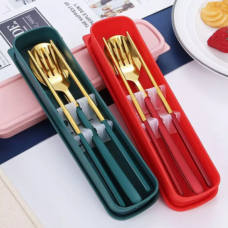 [พร้อมส่งจากไทย] ชูดช้อนส้อม พร้อมกล่อง มี3สี ช้อนส้อม สแตนเลส ชุด ช้อนส้อมตะเกียบ ชุดช้อนส้อมพกพา ช้อนเกาหลี
