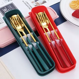[พร้อมส่งจากไทย] ชูดช้อนส้อม พร้อมกล่อง มี3สี ช้อนส้อม สแตนเลส ชุด ช้อนส้อมตะเกียบ ชุดช้อนส้อมพกพา ช้อนเกาหลี
