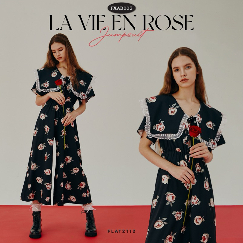 FLAT2112 FXAB005 : LA VIE EN ROSE JUMPSUIT จั้มสูทขายาว คอปก แต่งระบาย