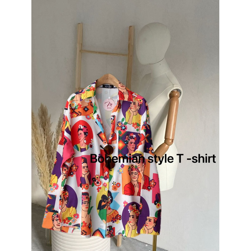 เสื้อแขนยาวคอปก ทรง oversize งานเทียบเท่าbrand ผ้าพิมพ์ลายคมชัด ผ้านุ่มลื่นใส่สบาย ใส่สวย ผ้าไม่ยับ ไม่ต้องรีดอก 46” สวย