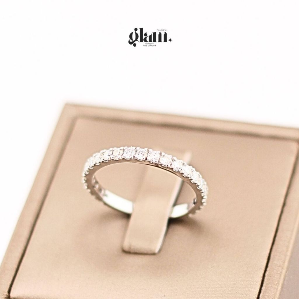S1-12 *พร้อมส่งจากไทย* แหวนแถวครึ่งนิ้ว เงินแท้ 925 ชุบทองคำขาว เพชร Moissanite (โมอีส)