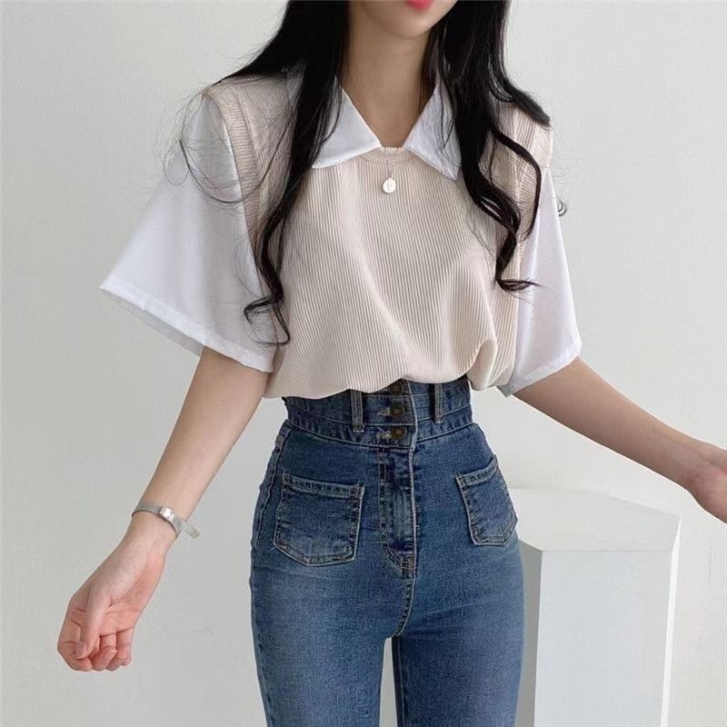 เสื้อโปโลสไตล์เกาหลีผู้หญิง แขนสั้น ไหมพรม+ผ้าซาติน ไม่หนา ไม่บาง ใส่สบาย เหมาะกับอากาศเมืองไทย #Polo46
