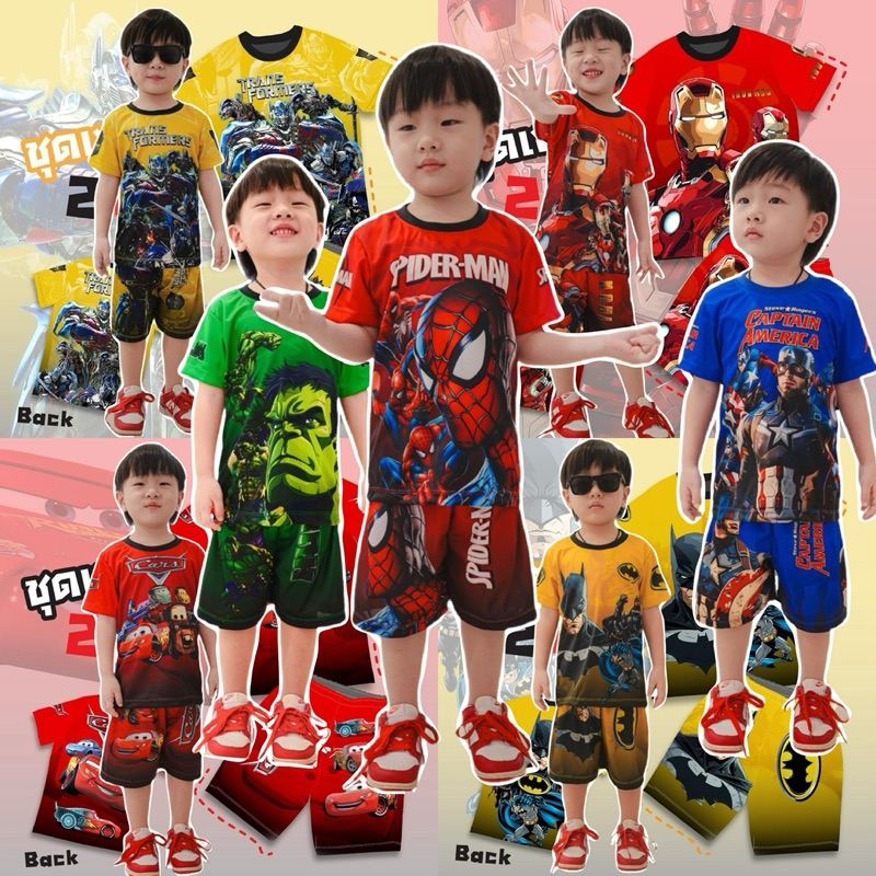ชุดเด็กแขนสั้น ขาสั้น สีไล่ เนื้อผ้าไมโครไฟเบอร์พิมพ์ลาย