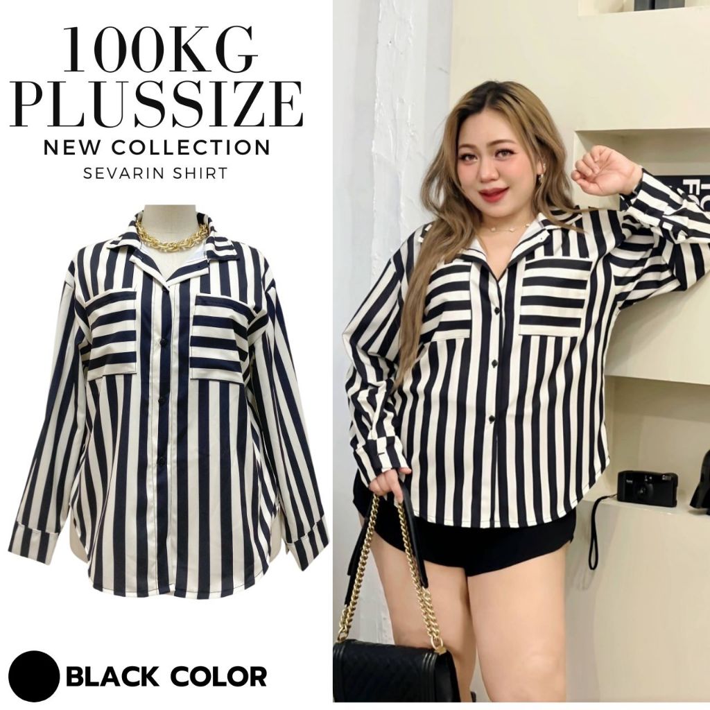 Plus size เสื้อเชิ้ตแขนยาวลายริ้วใหญ่แต่งกระเป๋าคู่อกของสาวอวบ เก๋ ใส่เอวรี่เดย์ลุค รุ่นเซราวิน(A60)