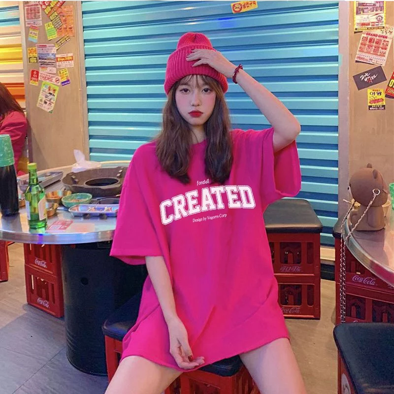เสื้อยืดผู้หญิง ผ้าคอตตอน100% oversize  เสื้อผ้าแฟชั่นไซส์ใหญ่ ลําลองทรงหลวม เสื้อโอเวอร์ไซส์เกาหลี สตรีทลายตัวหนังสือ thumbnail 10