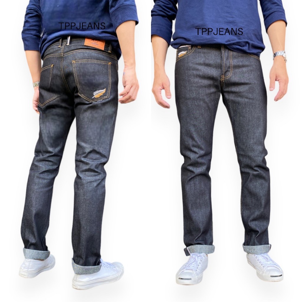 TPPJEANS กางเกงยีนส์ชาย ผ้าดิบริมแดง ปักขนนก ทรงกระบอกเล็ก ป้ายหนังแท้ทรงสวย ใส่สบายSize 28-40 รับชำระปลายทาง