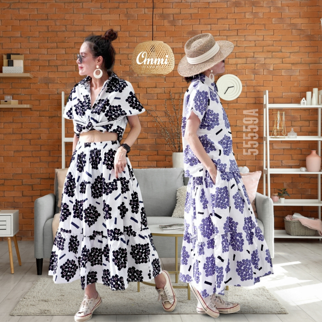 Ommishop 55559A ชุดเซ็ทเสื้อคอปกเชิ้ตแขนสั้น กระโปรงเย็บต่อเป็นชั้น ๆ ลายดอก อะจิไซ Cotton Japan 100% (Bonus)