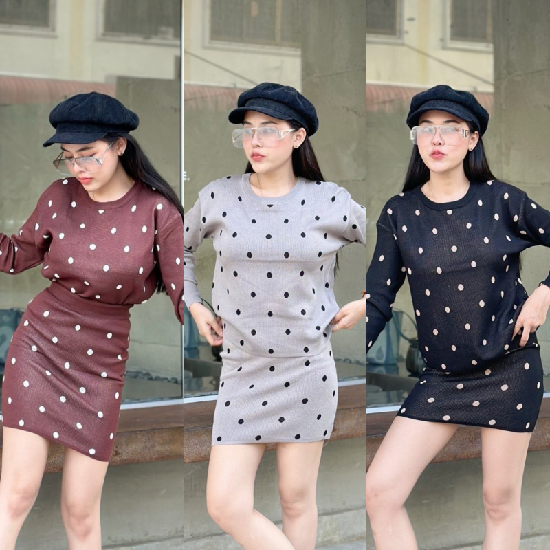 เซ็ต2ชิ้น เสื้อคอกลมแขนยาว + กระโปรงสั้นลายโพกาดอท ผ้าไหมพรมยืดเยอะมาก สาวอวบใส่ได้ รุ่น แก้วหรู