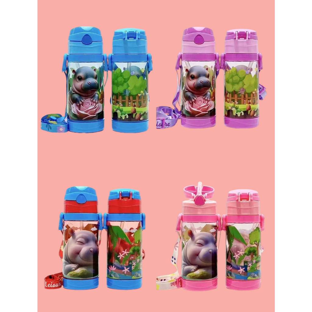 กระบอกน้ำเด็ก ขวดน้ำเด็ก หลอดเด้ง ลายน้องหมูเด้งมาแล้วจ้า ขนาด500มล.พร้อมหลอดและสายสะพาย