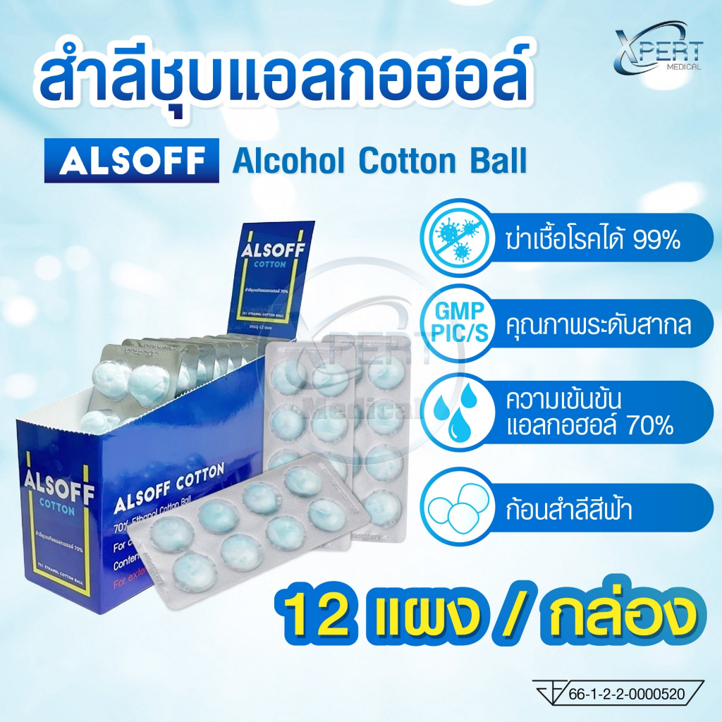 Alsoff สำลีชุบแอลกอฮอล์ Alcohol Cotton Ball สำลีก้อนชุบแอลกอฮอล์ 8x12 ชิ้น (1 กล่อง)