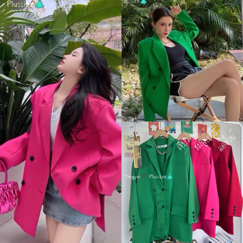 Blazer korea style🇰🇷 เสื้อเบลเซอร์ แขนยาว กระดุมดำ ผ้าบาร์บี้ ไซส์ใหญ่YY