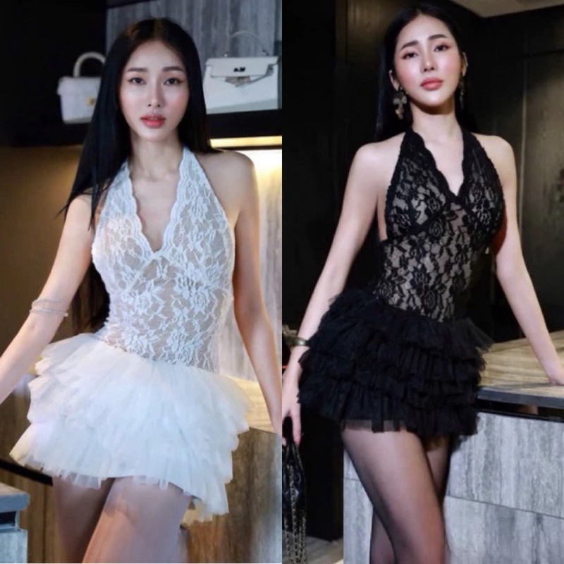 𝐌𝐀𝐘𝐔 พร้อมส่ง มินิเดรสสั้นลูกไม้ยืดคล้องคอ