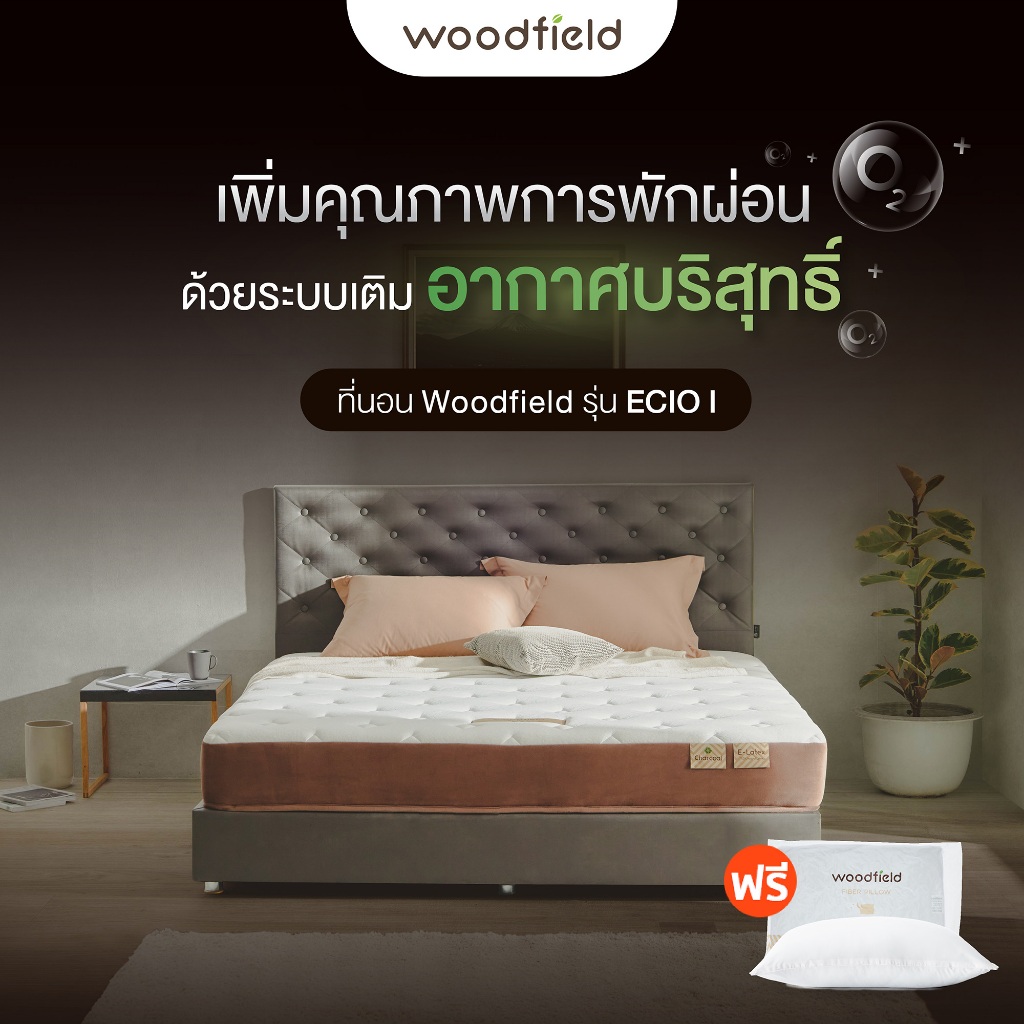Woodfield ที่นอนแก้ปัญหาหลับยาก ผสานชาโคล ดูดซับความชิ้น ระบายอากาศได้ดี รุ่น Ecio I ฟรี หมอนหนุนสุขภาพกันไรฝุ่น ส่งฟรี