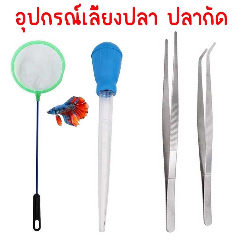 ชุดอุปกรณ์เลี้ยงปลา ปลากัด ฟอร์เซปยาวสแตนเลส กระชอนตักปลา หลอดดูดขี้ปลา ทำความสะอาดตู้ปลา ปลาหางนกยูง