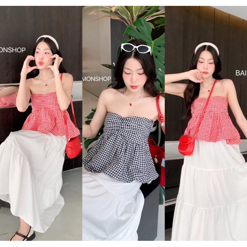 🌸OVP🌸 เสื้อเกาะอก จับจีบย่นอก ผ้าลายสก็อต งานฮิต
