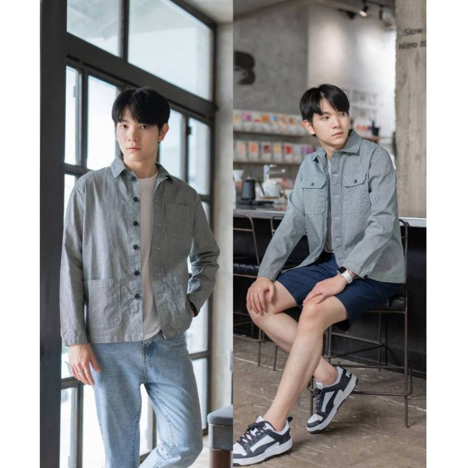 เสื้อแจ็คเก็ตลายริ้ว ผ้า"คล้ายยีนส์" ไม่หนามาก มีทั้งรุ่น2กระเป๋าและ3กระเป๋า ใส่คลุมปุ๊บเท่ห์ปั๊บค่า