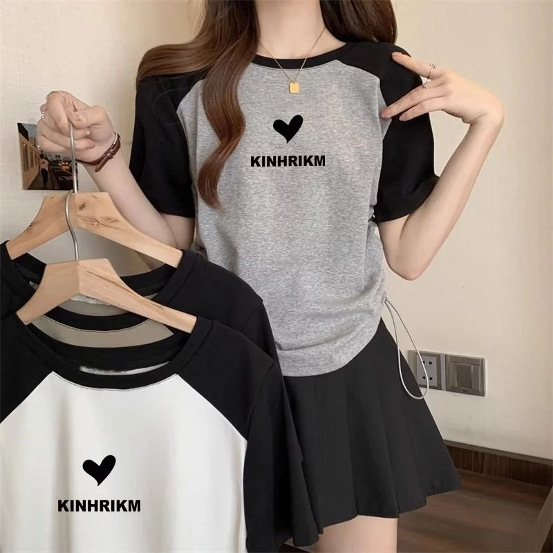 เสื้อครอปสาวอวบน่ารักๆ Oversize เสื้อผ้าแฟชั่นสไตล์เกาหลี เสื้อยืดสวยๆผู้หญิงฤดูร้อนใหม่ ด้านข้างติดเชือก ปรับความยาว