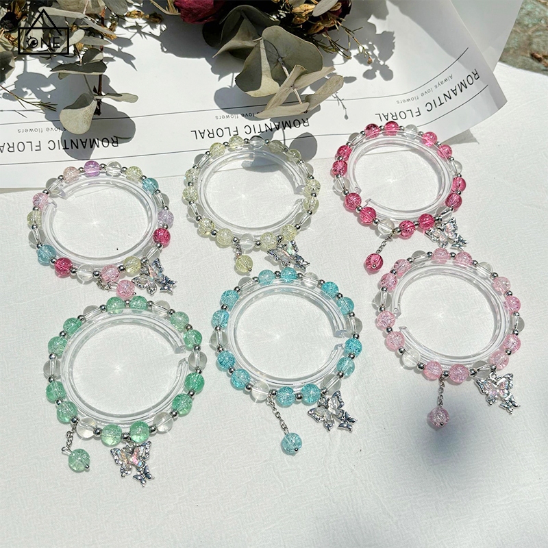 COD❤️สร้อยข้อมือลูกปัดคริสตัลจี้ผีเสื้อแฟชั่นหวานระดับไฮเอนด์เครื่องประดับสำหรับผู้หญิงของขวัญ-a.one