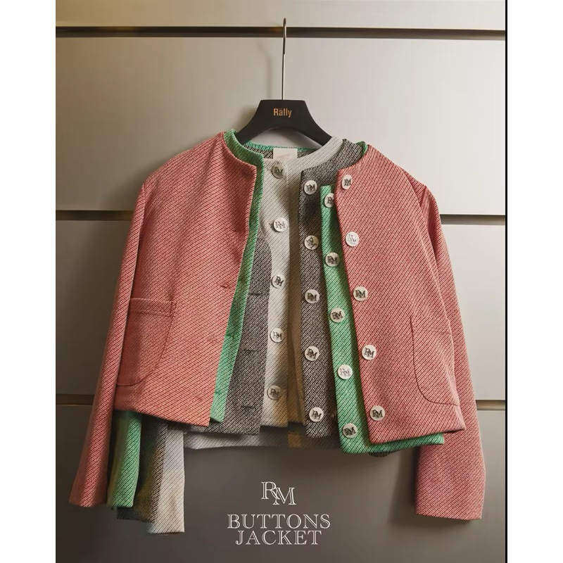 ใหม่ 💕 Rally RM Button Jacket สี ruby(โค้ดลด 30%) เสื้อแจ็คเก็ตกระดุมดีไซน์โลโก้ RM แท้100%💗