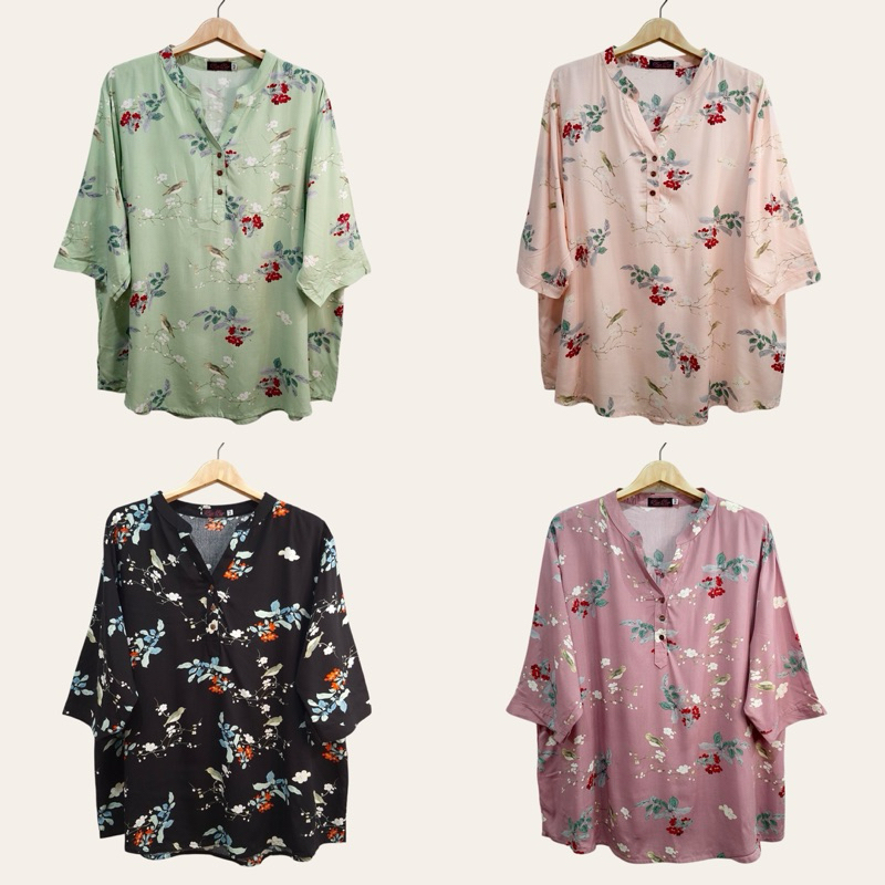 (อก 52”) เสื้อคอจีน เเขนสามส่วน ลายดอก ผ้าสปัน นุ่ม ใส่สบาย
