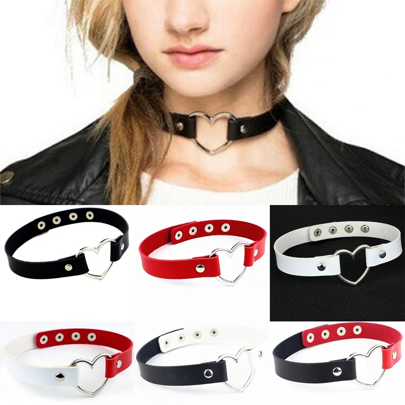 สายคล้องคอ สร้อยคอ Harajuku Punk Nightclub Soft Girl PU Leather Peach Heart Love Necklace