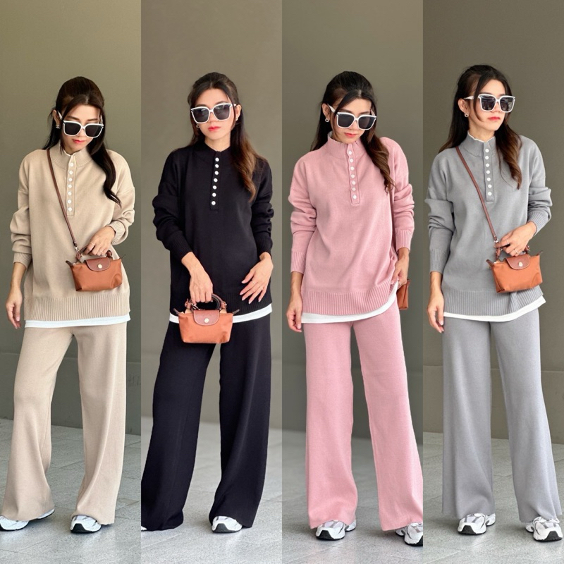 knitting Airport set ชุดเซ็ตไหมพรม คอกลม แต่งกระดุมคอ