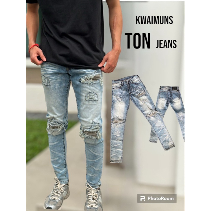 Ton.KM059กางเกงยีนส์ฟอดซีด แต่งปะในเท่ๆ ผ้ายืดนิ่มใส่สบาย
