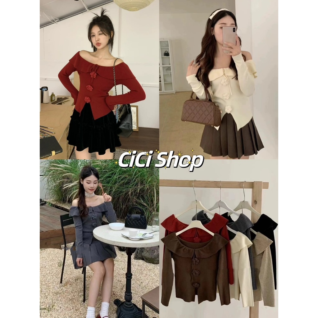 Cicishop(C1937) เสื้อไหมพรมปาดไหล่คอระบายผ่าหน้า แต่งดอกไม้น่ารัก สไตล์ลูกคุณหนู